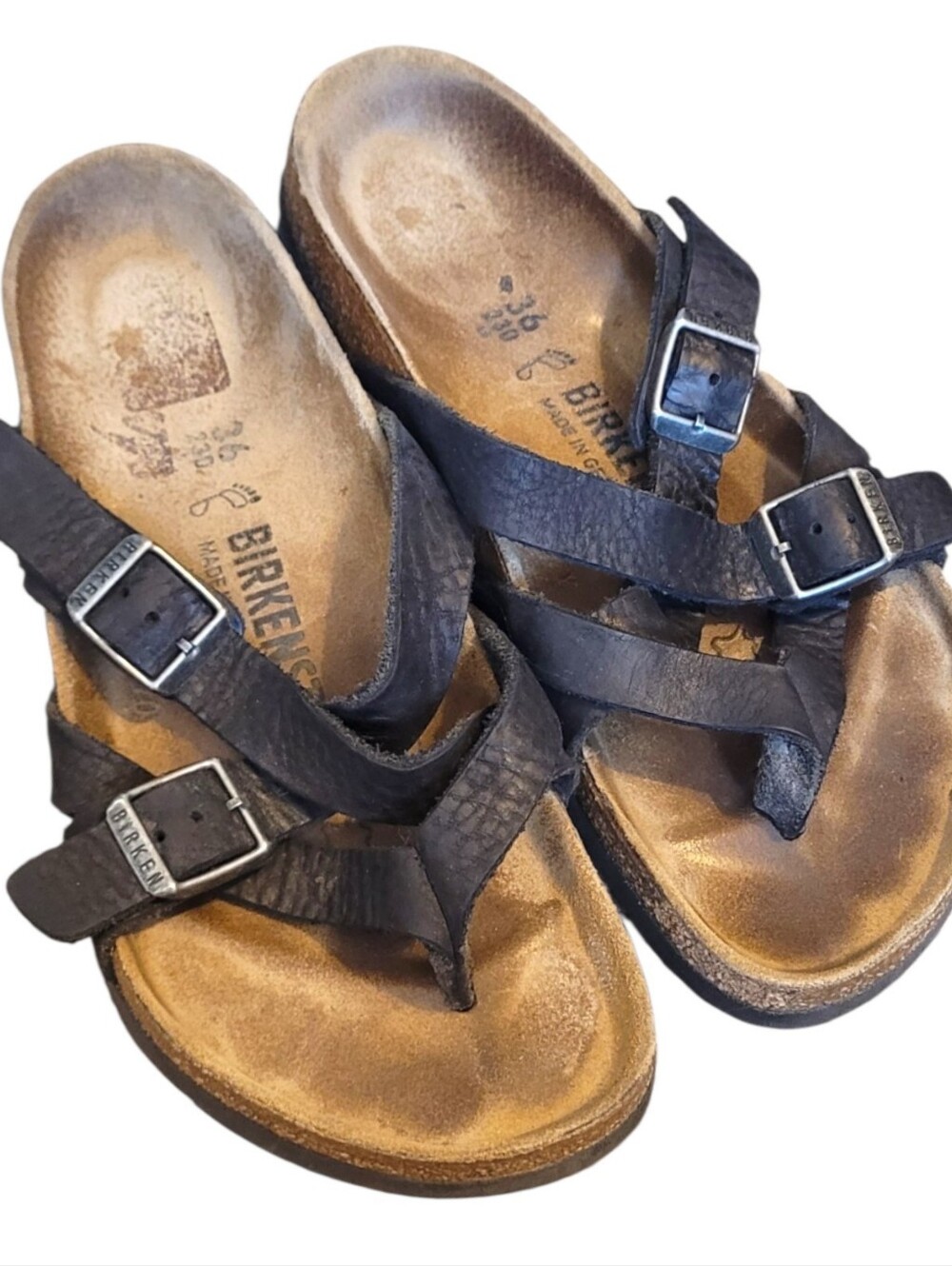 Birkenstock Women's Black Leather Thong Sandals with Silver Buckles Size 36